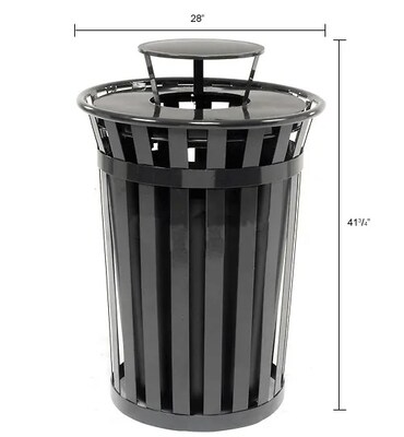 Global Industrial Outdoor Slatted Steel Trash Can w/ Rain Bonnet Lid, 36 Gallon, Black (260804BK)