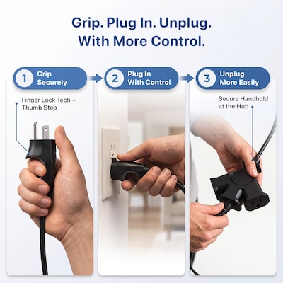 Uncaged Ergonomics Comfort Grip 3-Outlet Extension Cord, 8 ft, Black (CGEC-Black)