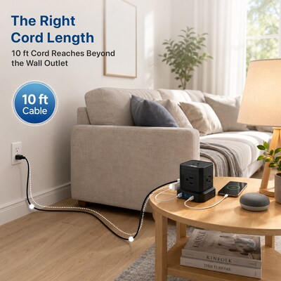 Uncaged Ergonomics Cube 5-Outlet 4-USB Port Surge Protector, 10', Black (PC-B-C)