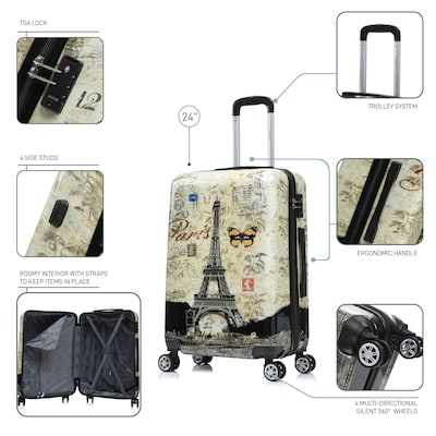InUSA 24" Hardside Paris Suitcase, 4-Wheeled Spinner, TSA Checkpoint Friendly, Paris (IUAPC00M-PAR)