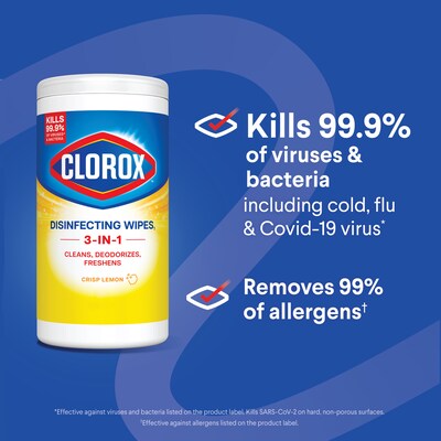 Clorox Disinfecting Wipes, Fresh/Crisp Lemon Scent, 75 Wipes/Container, 3/Pack (30208)