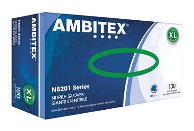 Ambitex N5201 Series Powder Free Blue Nitrile Gloves, XL, 100/Box (NXL5201)