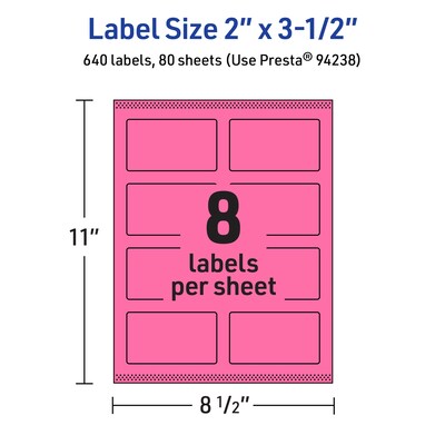 Avery Laser/Inkjet Rectangle Multipurpose Labels, 2" x 3.5", Bright Pink, 640/Box (94238)