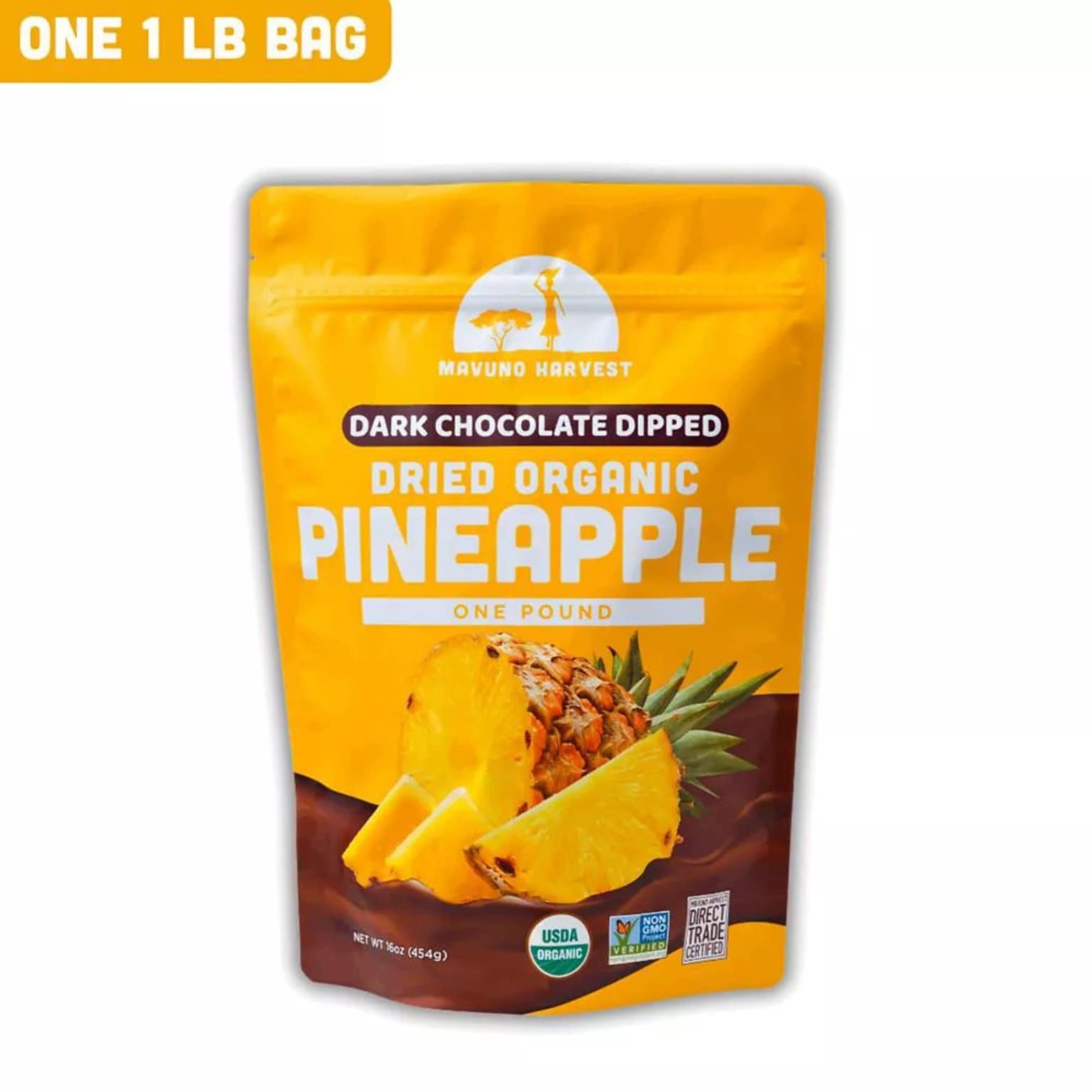 Mavuno Harvest Organic Dried Pineapple Dipped in Dark Chocolate Fruit Snacks, 1 lb. Bag (MAHW-CPNAPL1LB)