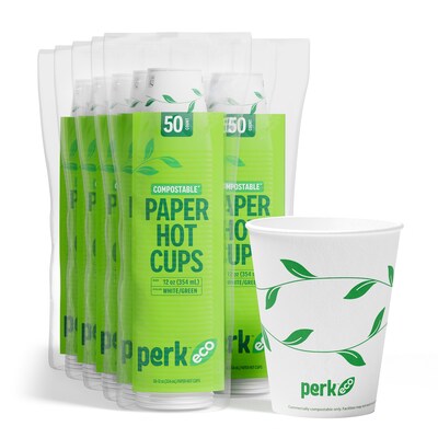 Perk™ Eco Compostable Paper Hot Cup, 12 Oz., White/Green, 500/Carton (PK56222CT)