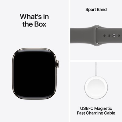 Apple Watch Series 11 GPS + Cellular Smartwatch, 46mm, Natural Titanium Case, Stone Gray Sport Band, Medium/Large (MFCX4LW/A)