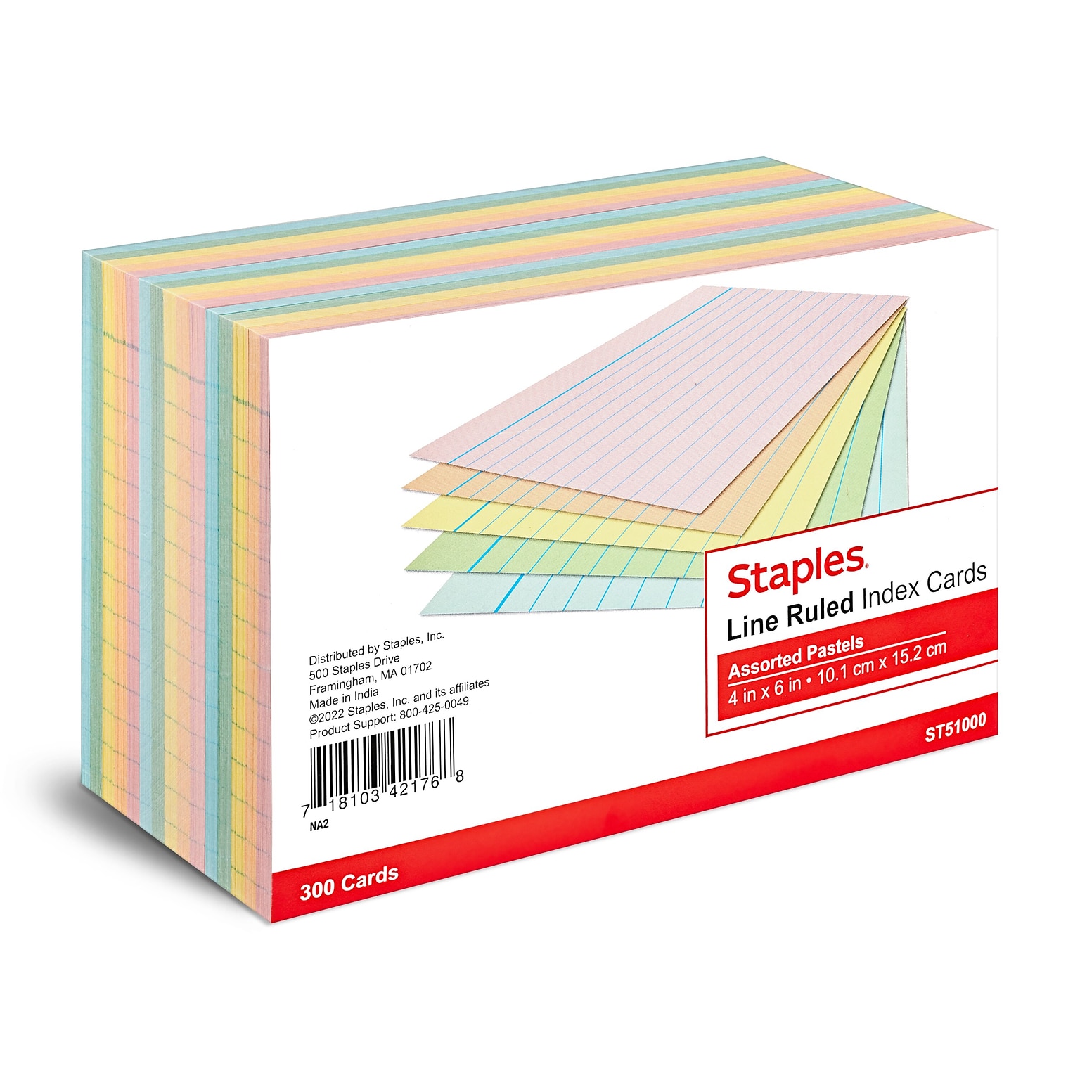 Staples 4 x 6 Index Cards, Lined, Assorted Colors, 300/Pack (TR51000)