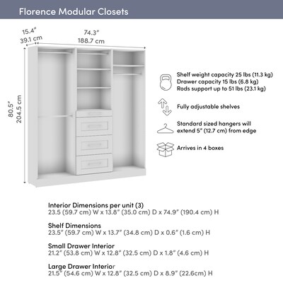 Bestar Florence Closet System, 6 Shelves, 4 Drawers, 75"W x 16"D, White (127643-000017)