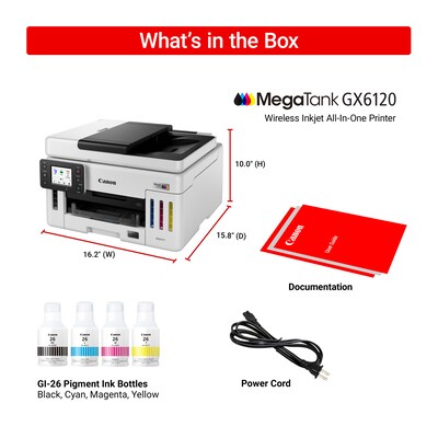 Canon Maxify GX6120 Wireless Color All-In-One Supertank Inkjet Printer, Best for Home Office (6882C002AA)