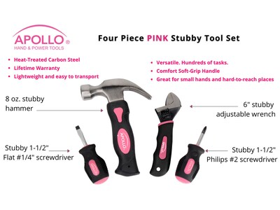 Apollo Tools Stubby Tool Set, 4-Piece, Pink/Black (DT0240P)