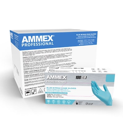 Ammex Professional Series Powder Free Nitrile Exam Gloves, Latex-Free, Large, Blue, 100/Box, 10/Cart