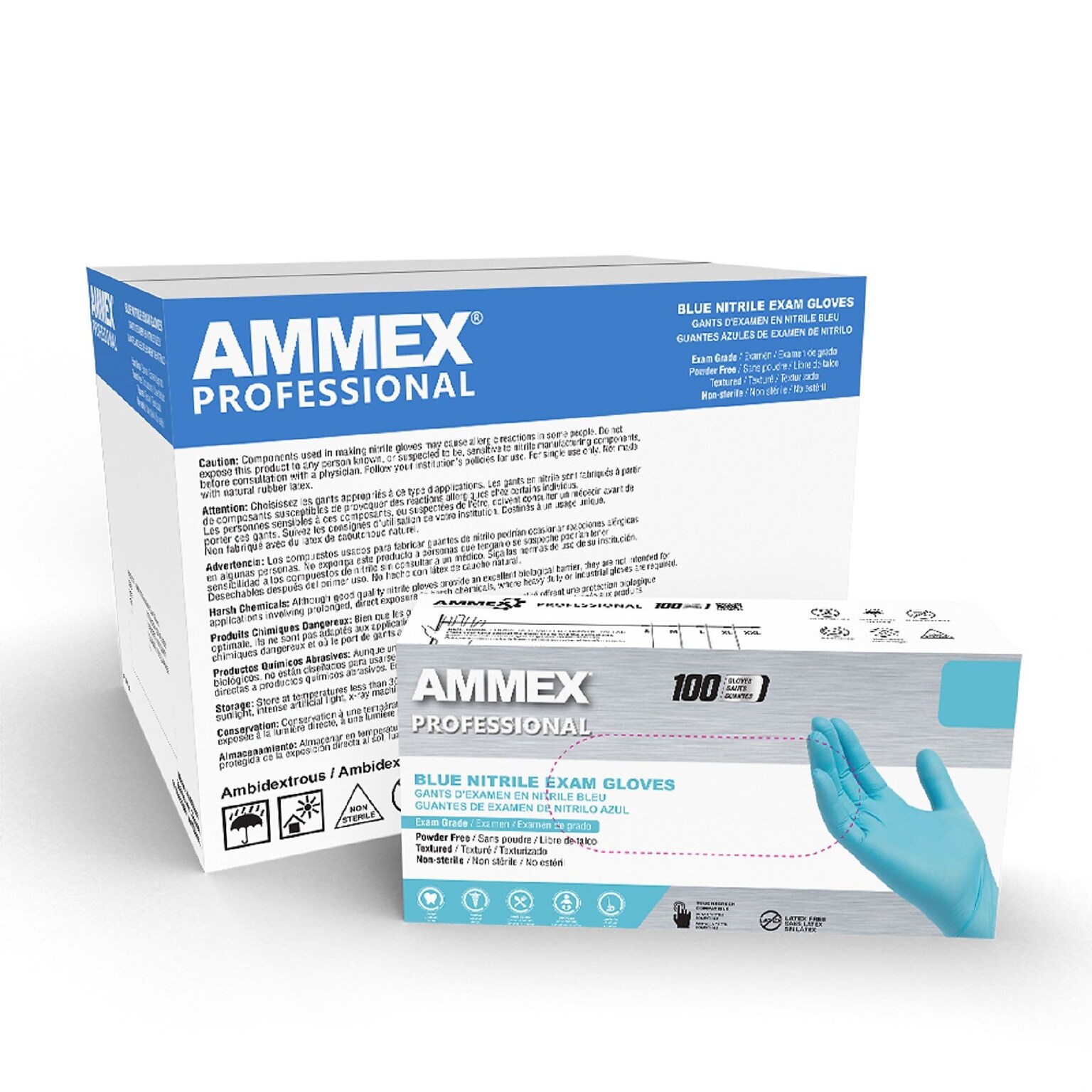 Ammex Professional Series Powder Free Nitrile Exam Gloves, Latex Free, Small, Blue, 100/Box, 10 Box/Carton (APFN42100XX)