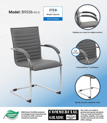 Boss Office Products Chrome Frame, Grey Vinyl Side Chair, 2 Pack (B9536GY2)