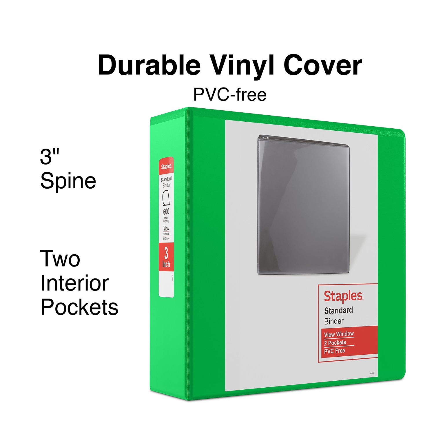 Staples Standard 3-Inch D-Ring Non-View Binder, Holds Up to 600 Sheets, Green, Large Capacity Binder for Office & School