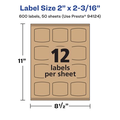 Avery Laser/Inkjet Square Multipurpose Labels, 2" x 2-3/16", Kraft Brown, 600 Labels/Box ( 94124)