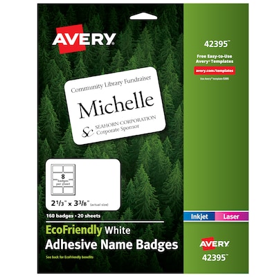 Avery EcoFriendly Laser/Inkjet Adhesive Name Badge Labels, 2 1/3 x 3 3/8, White, 160 Labels Per Bo