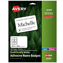 Avery EcoFriendly Laser/Inkjet Adhesive Name Badge Labels, 2 1/3 x 3 3/8, White, 160 Labels Per Bo