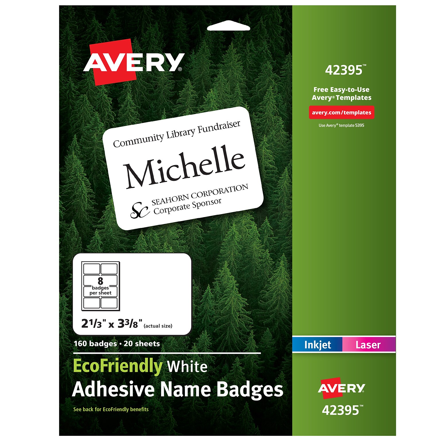 Avery EcoFriendly Laser/Inkjet Adhesive Name Badge Labels, 2 1/3 x 3 3/8, White, 160 Labels Per Box (42395)