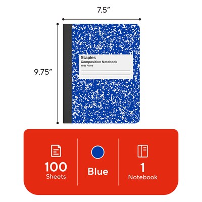 STAPLES Composition Notebook, 9.75” x 7.5”, Wide Ruled, 100 Sheets, Blue