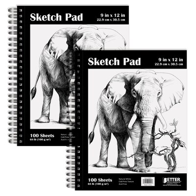 Better Office Products Sketch Paper Pads, Spiral Bound, 9" x 12", Premium Paper, 2-Pack (01305-2PK)