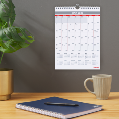 2026 Staples 8" x 11" Monthly Wall Calendar, White/Red/Gray (ST53922-26)
