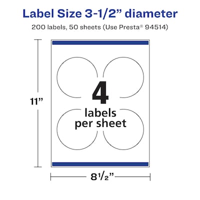 Avery Laser/Inkjet Circle  Waterproof Multipurpose Labels, 3.5"  Dia, White, 200/Box (94514)