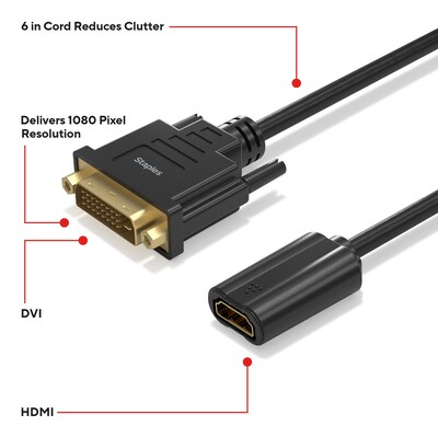 Staples TECH DVI-D to HDMI Audio/Video Adapter, Male to Female, Black (ST62359)