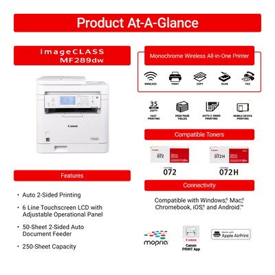 Canon MF289dw Wireless Monochrome Laser Printer, All-In-One, Print, Scan, Copy, Fax (6354C005)