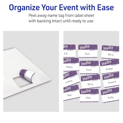 Avery Adhesive Name Tags, Pre-printed Purple & Silver Hello Design