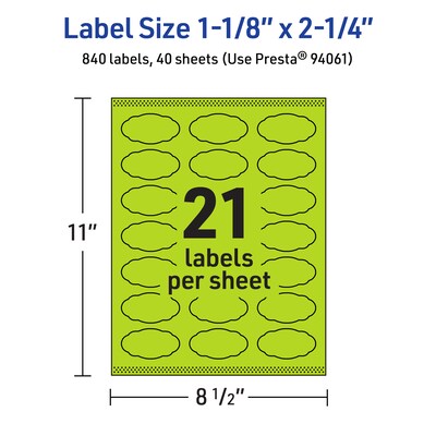 Avery Scalloped Decorative Edge Multipurpose Labels, 1-1/8" x 2-1/4", Bright Green, 840/Pack (94061)