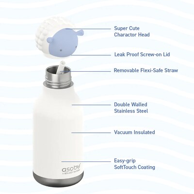 ASOBU Bestie Bottle Sheep Vacuum Insulated Stainless Steel Water Bottle with Reusable Flexi Straw, 16 oz., White (SBV44SH)