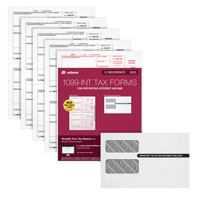 ( pack of 2 ) Adams 2023 1099-INT Tax Forms with Self Seal Envelopes, 5-Part, 12/Pack (STAX5INT-23), Paper | Quill
