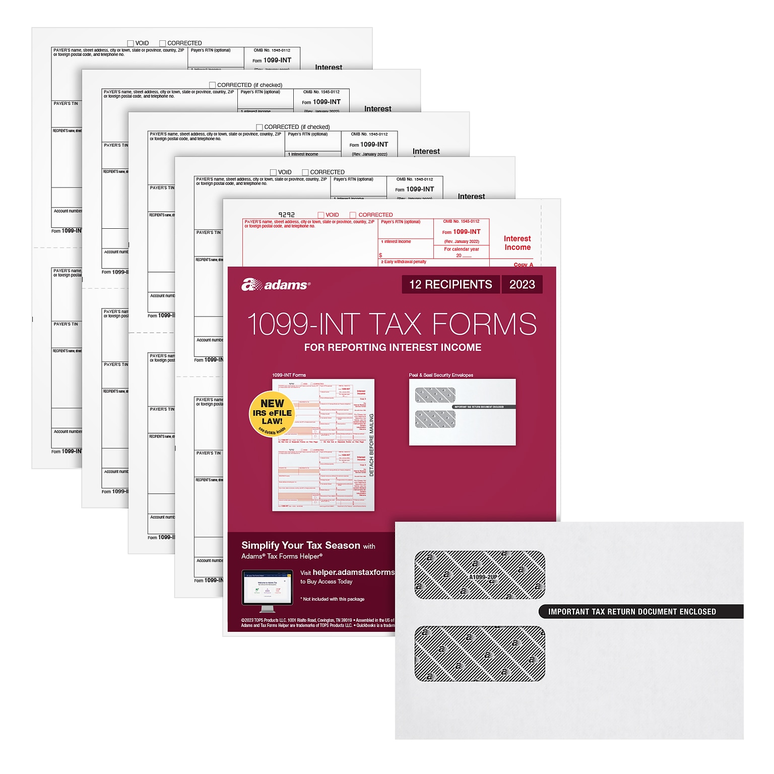 Adams 2023 1099-INT Tax Forms with Self Seal Envelopes, 5-Part, 12/Pack (STAX5INT-23)