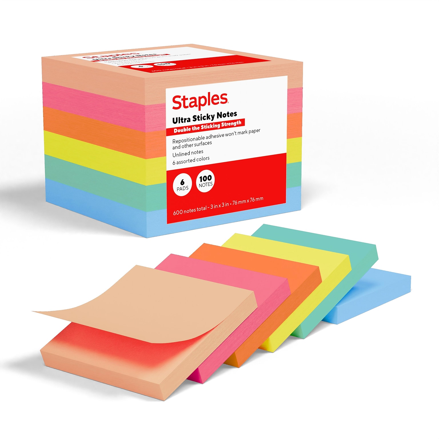 Staples Ultra Sticky Notes, 3 x 3, Golden Hour Collection, 100 Sheets/Pad, 6 Pads/Pack (ST62886)