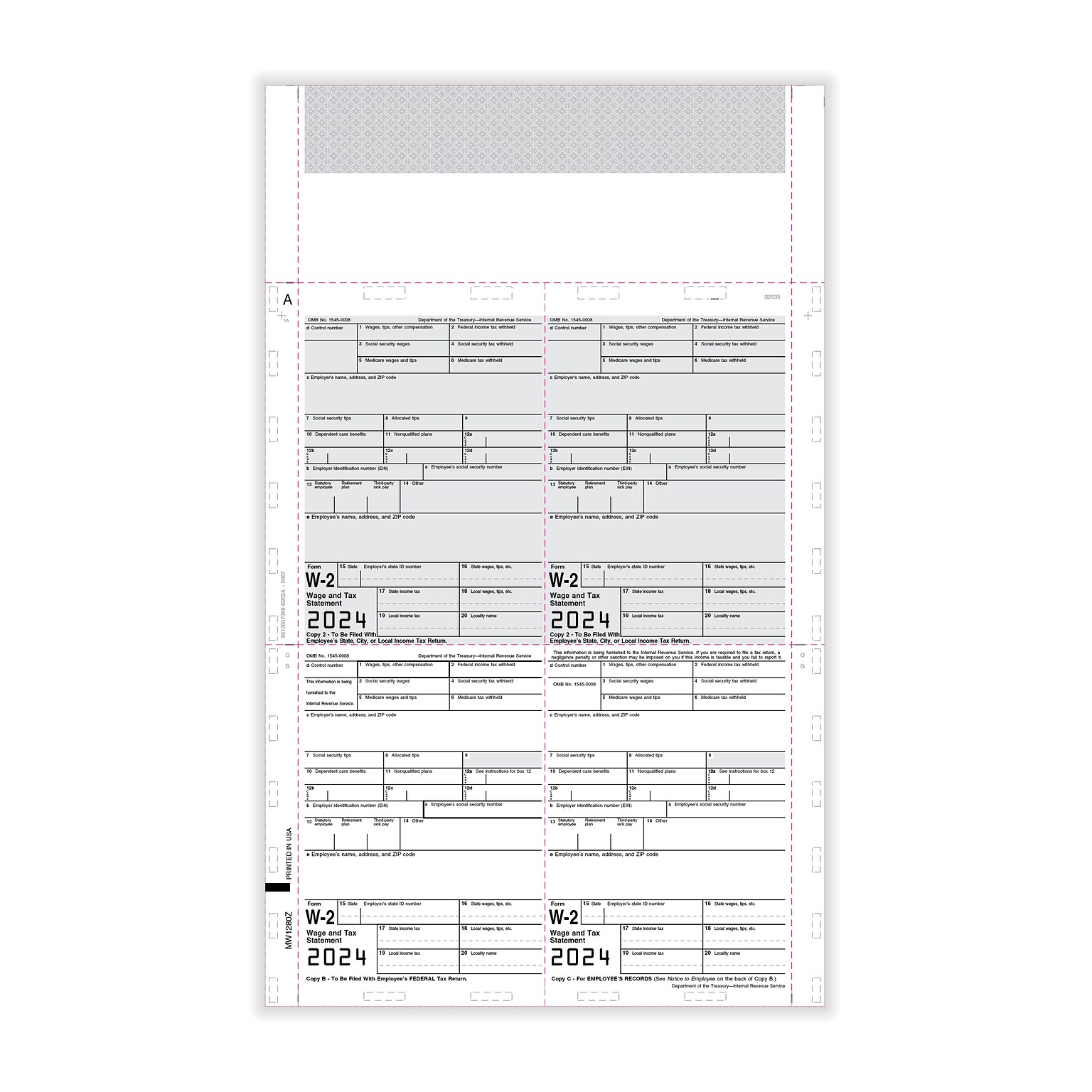 ComplyRight W-2 Tax Form. Pressure Seal, 4-Up, Box Format, Copies B,C,2,2, EZ-Fold Duplex, 14, 500/Pack (PS1280Z)