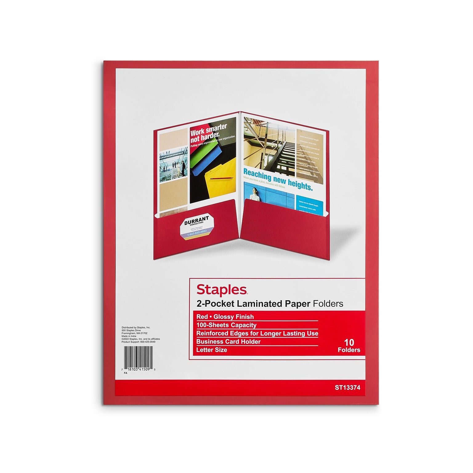 Staples Glossy 2-Pocket Paper Folder, Red, 10/Pack (13374-CC)