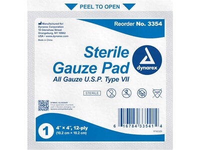 Dynarex 4 Sterile 12-Ply Gauze Pad, 100/Pack, 12 Packs/Carton (3354)