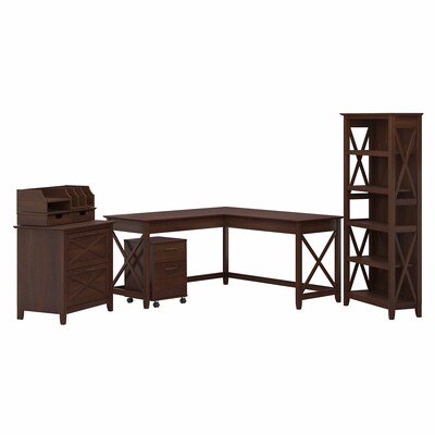 Bush Furniture Key West 60 L-Shaped Desk with File Cabinets, Bookcase and Desktop Organizers, Bing Cherry (KWS018BC)