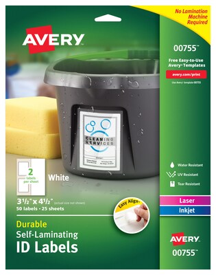 Avery Easy Align Laser/Inkjet Self-Laminating ID Labels, 3-1/2 x 4-1/2, White, 50 Labels/Pack (755)