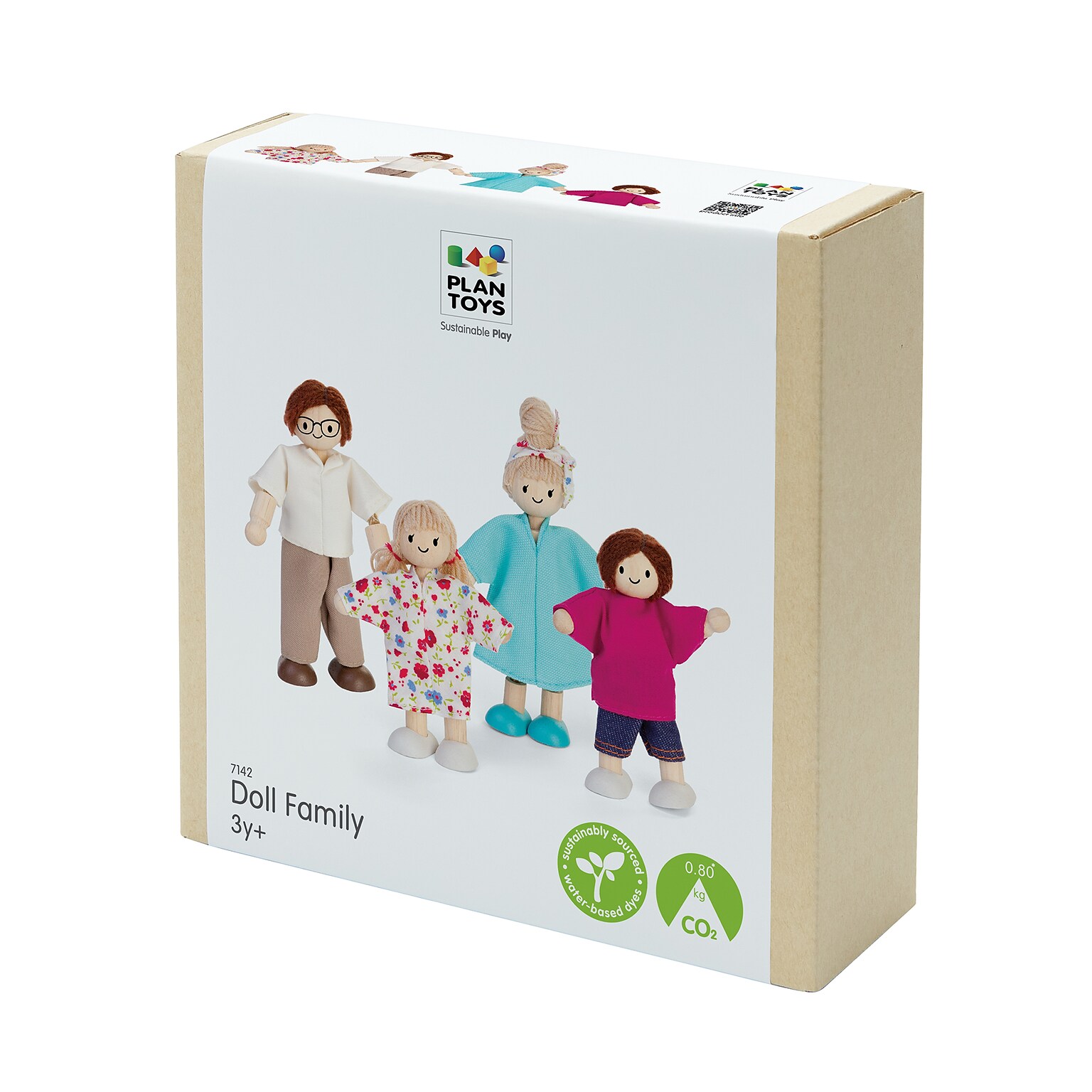 PlanToys Wooden Doll Family, Light Skin Tone & Brown Hair, 4/Set (PTS7142)