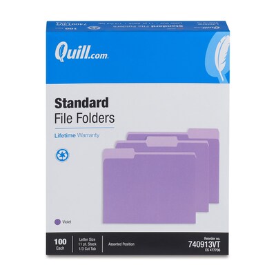 Quill Brand® File Folders, Assorted Tabs, 1/3-Cut, Letter Size, Violet, 100/Box (740913VT)