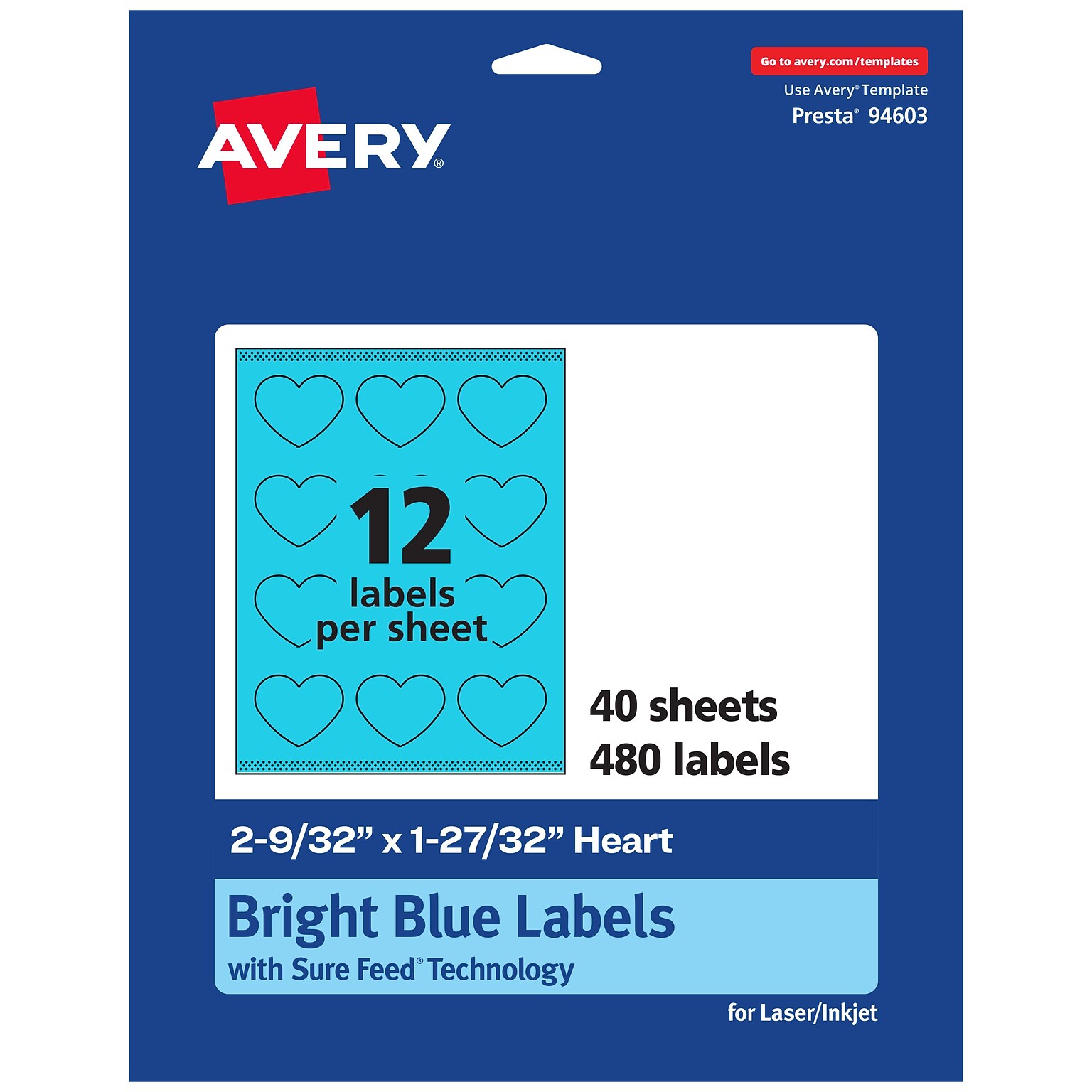 Avery Printable Heart Shaped Multipurpose Labels, 2-9/32 x 1-27/32, Bright Blue, 480/Pack (94603)