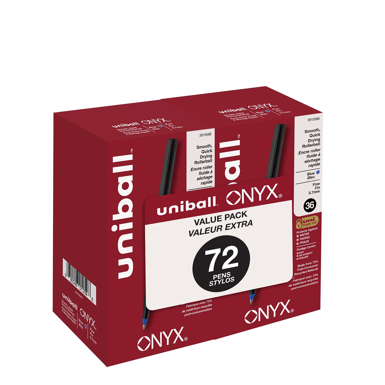 uni-ball Onyx Rollerball Pens, Fine Point, 0.7mm, Blue Ink, 72/Box (2013568)