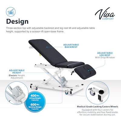 Viva Comfort XRO 3-Section Electric Height and Back Adjustable Exam Table, 600 lb Capacity, Black (ADI903-21-BLK-MK)