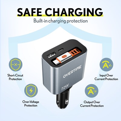 Overtime A50 72W USB-C and USB-A Car Charger with 2 ft Retractable USB-C Cable, Black (OCA50BK)