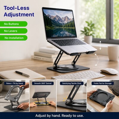 Uncaged Ergonomics Adjustable Swivel Laptop Stand for Desk, Steel, 360° Rotation, Up to 16", Black
