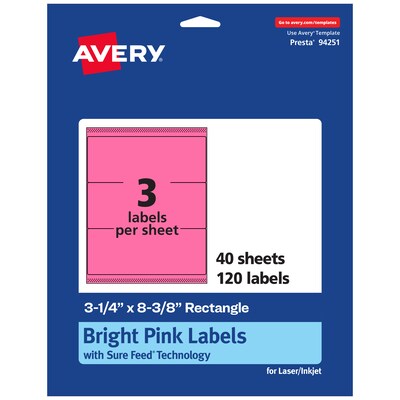 Avery Rectangle Laser/Inkjet Multipurpose Labels, 3-1/4 x 8-3/8, Bright Pink (120/Box)