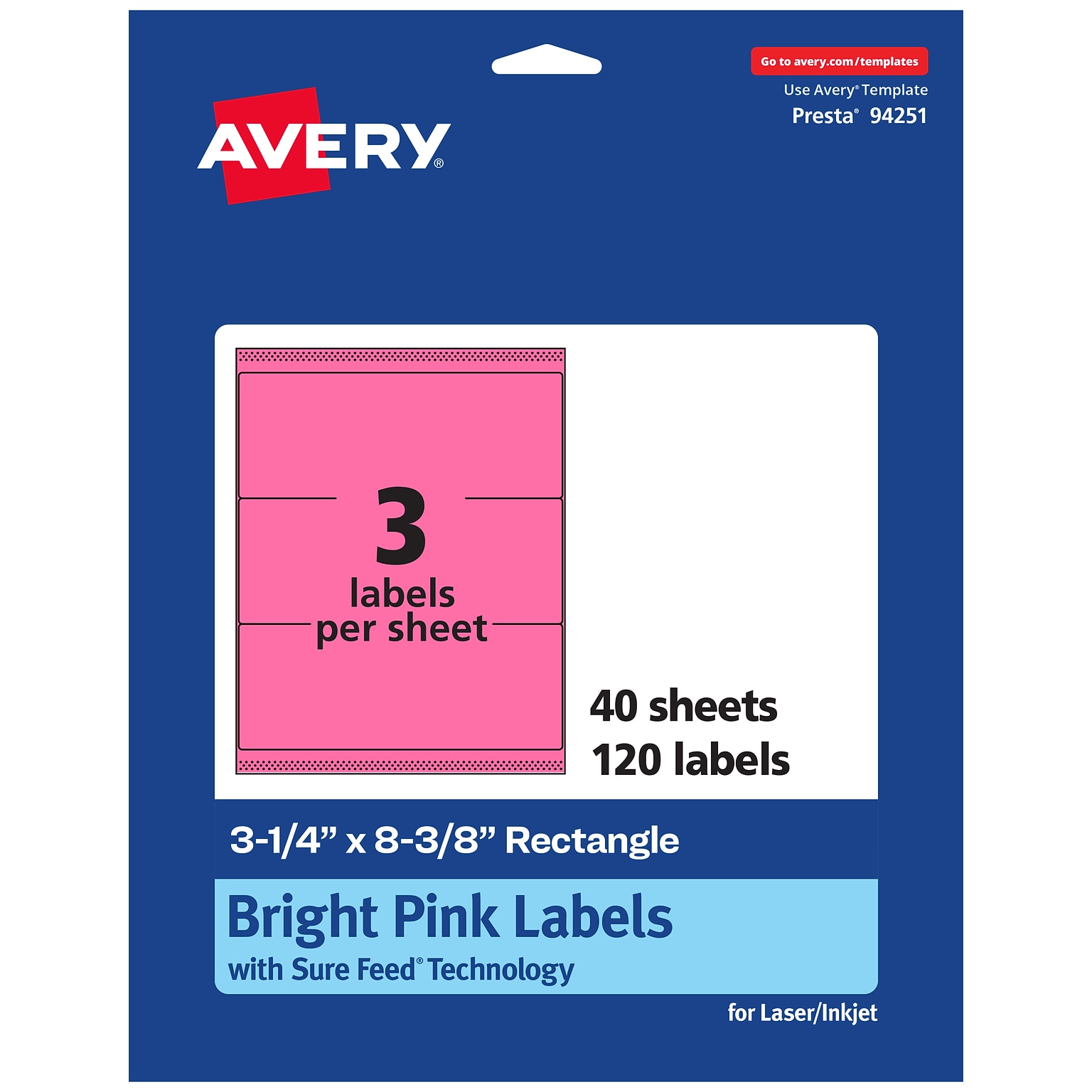 Avery Rectangle Laser/Inkjet Multipurpose Labels, 3-1/4 x 8-3/8, Bright Pink (120/Box)