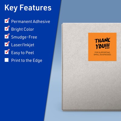 Avery Laser/Inkjet Multipurpose Square Labels, 4 x 4, Bright Orange, 80/Pack (94100)