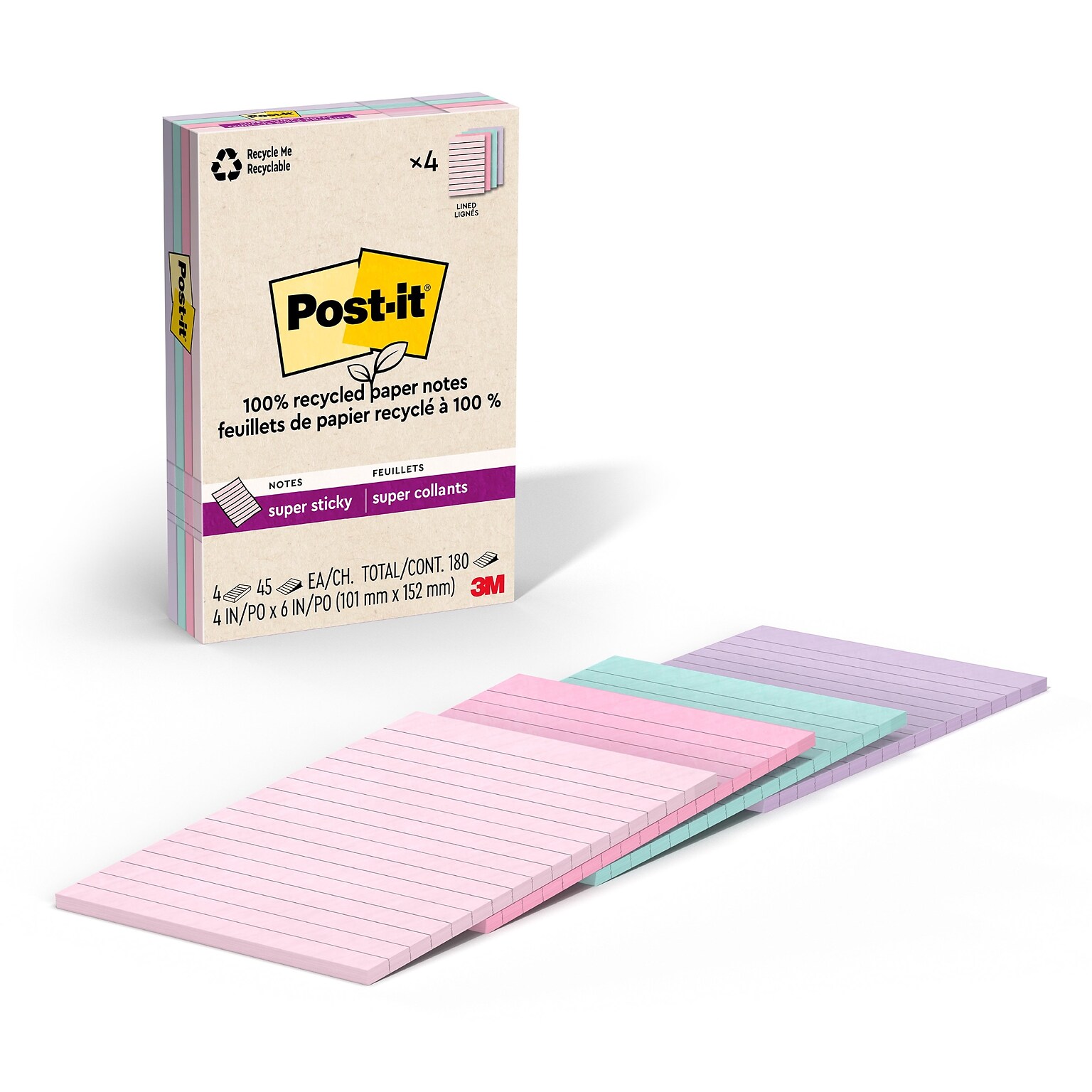 Post-it Recycled Super Sticky Notes, 4 x 6, Wanderlust Pastels Collection, 45 Sheets/Pad, 4 Pads/Pack (4621R-4SSNRP)